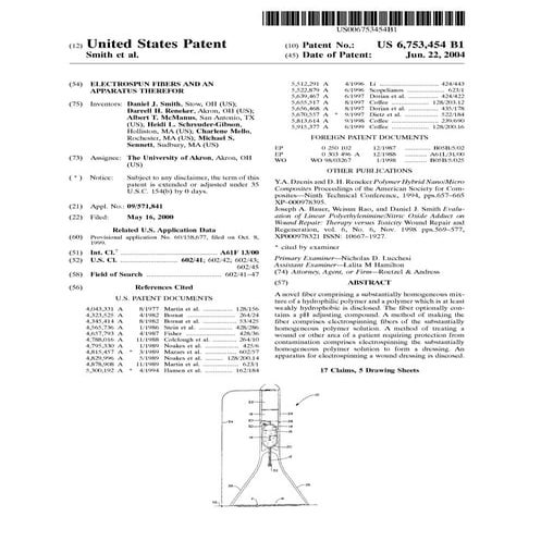 69   daniel j. smith - 6753454 - electrospun fibers and an apparatus therefor