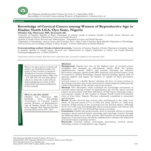 Knowledge of Cervical Cancer among Women of Reproductive Age in Ibadan ...