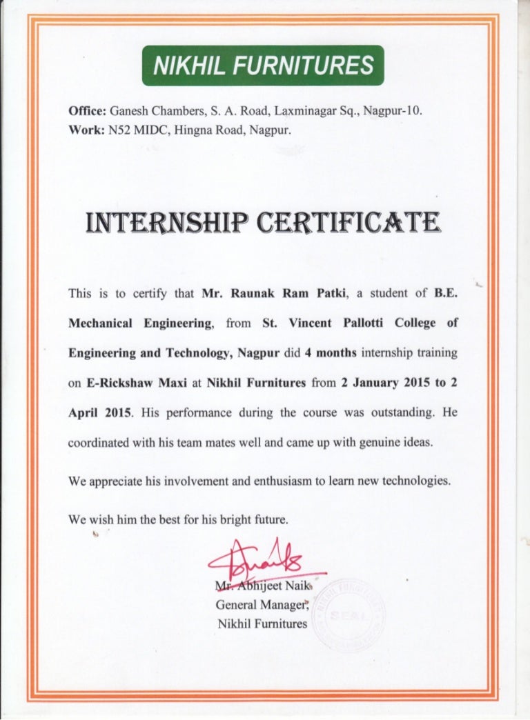 Internship Certificate Nikhil Furnitures