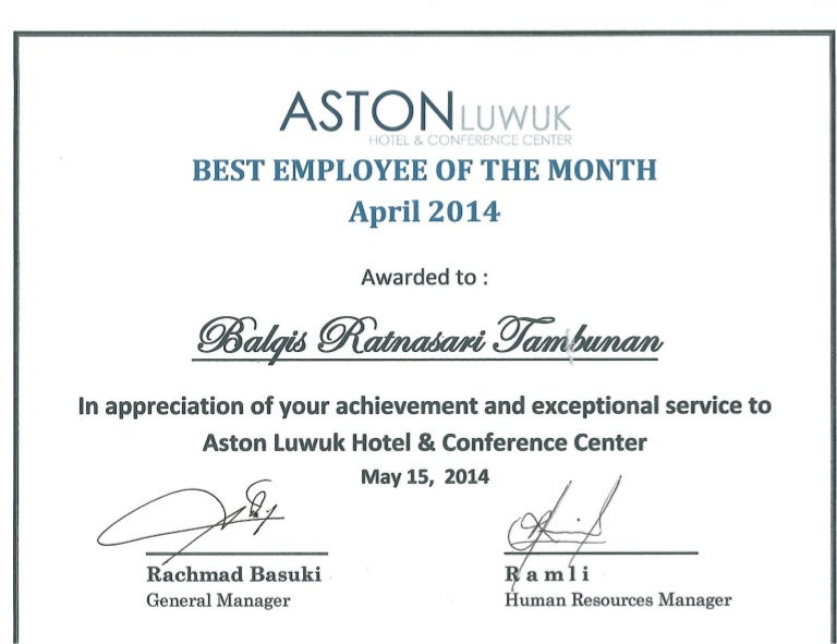 Certificated best employee Aston