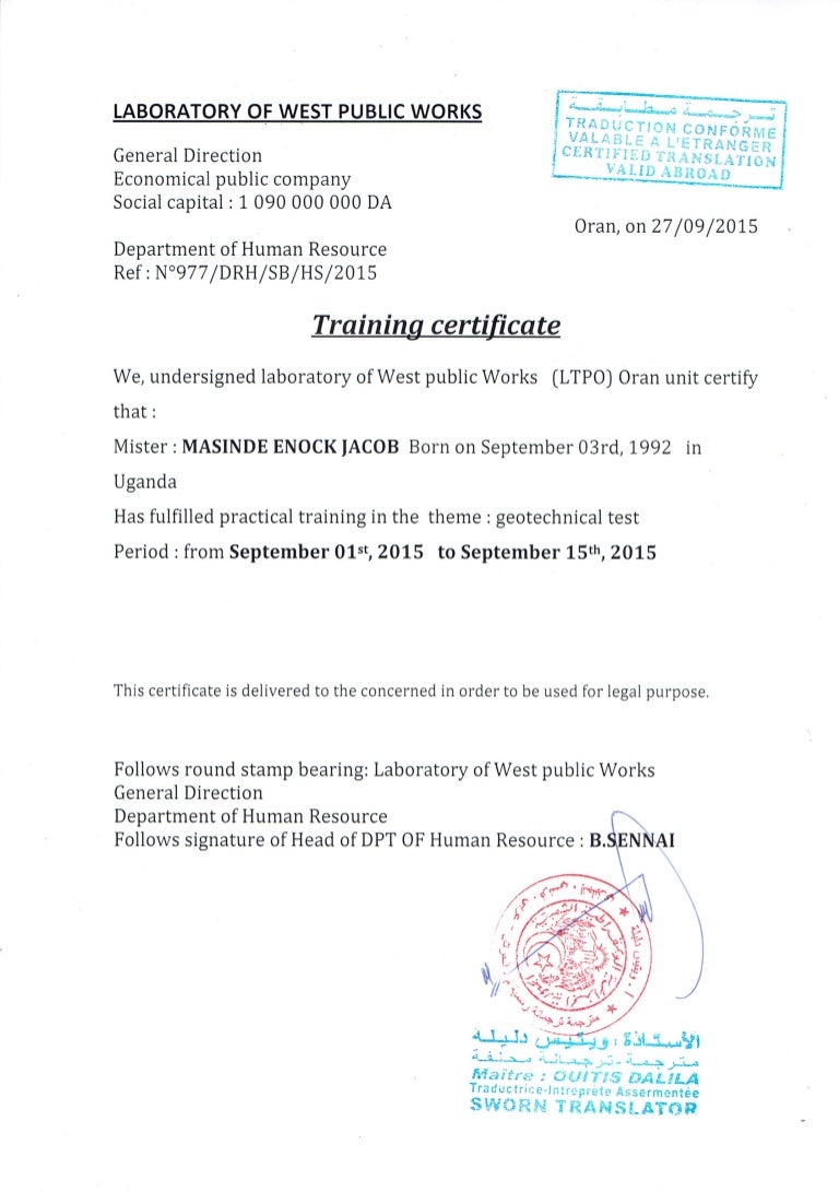 internship certificate (Laboratory of west public works).(translated