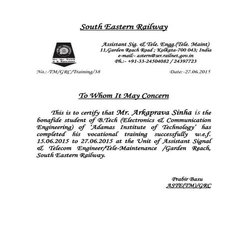 EASTERN RAILWAY TRAINING CERTIFICATE | PDF
