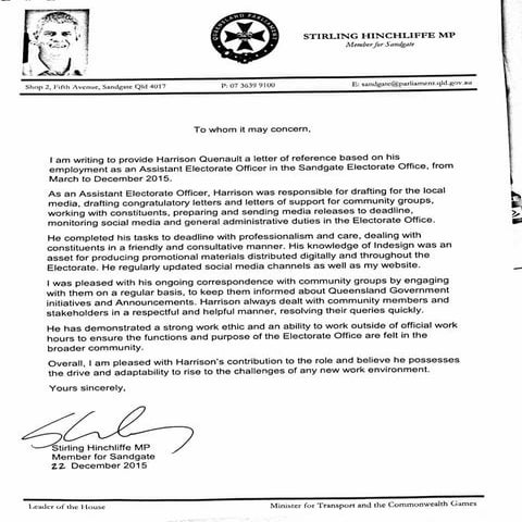 Stirling Hinchliffe MP Reference | PDF