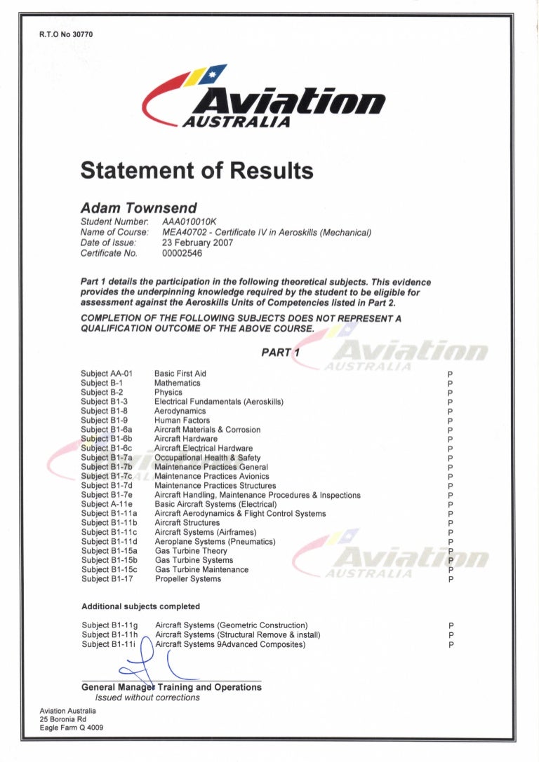 Aviation Australia Statement of Results (Cert IV in Aeroskills Mechan…