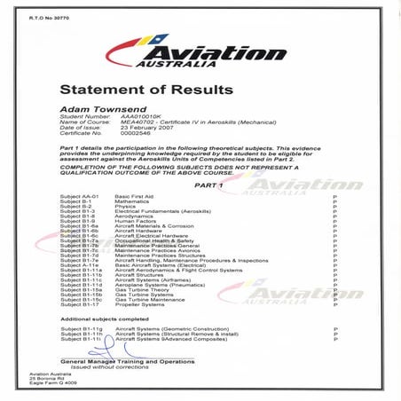 Aviation Australia Statement of Results (Cert IV in Aeroskills Mechanical Feb...