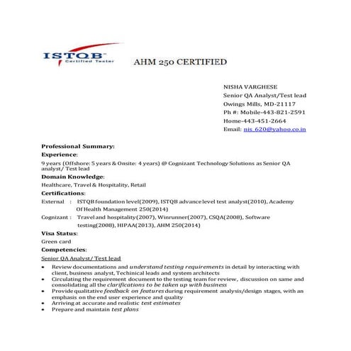 Nisha Varghese_Senior Test lead & Tester