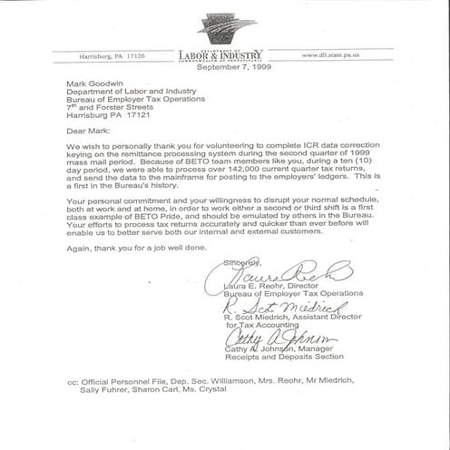 PA LABOR & INDUSTRY RECOMMENDATION LETTER SEPTEMBER 1999 | PDF