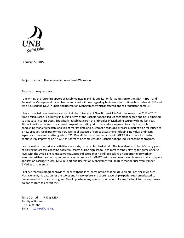 jacob weinstein reference letter mba sports mba recommendation letter sample