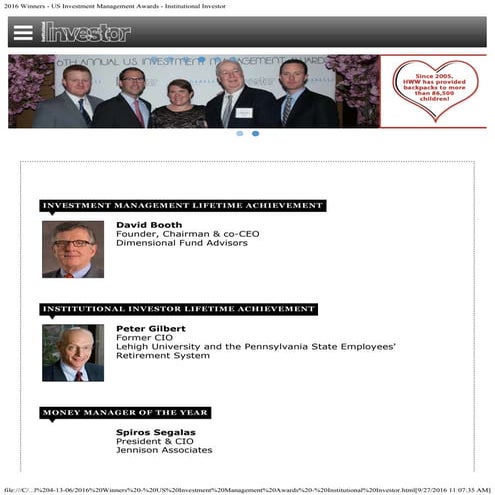 2016 Winners - US Investment Management Awards - Institutional Investor