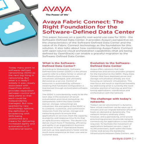 Avaya Fabric Connect: The Right Foundation for the Software-Defined Data Center