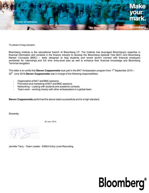Recommendation letter by Bloomberg | PDF