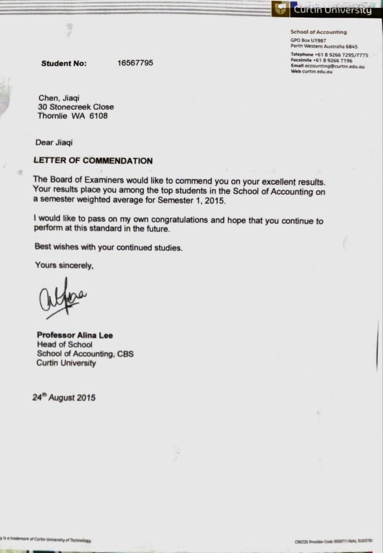 letter of academic commendation letters of commendation sample