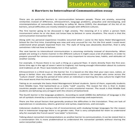 6 Barriers To Intercultural Communication Essay | PDF