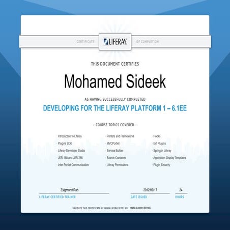Mohamed Sideek - Liferay Inc - Training Certificate 159A92UWWHBSYKG | PDF