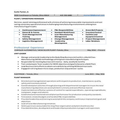 Plant Manager Resume