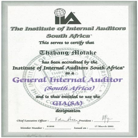 General Internal Auditor GIA Certificate PDF