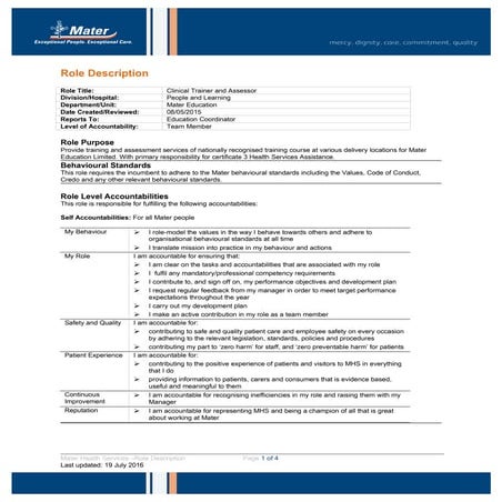 Clinical Trainer and Assessor Role Description 
