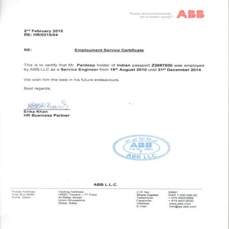 ABB QA Experience Certificate