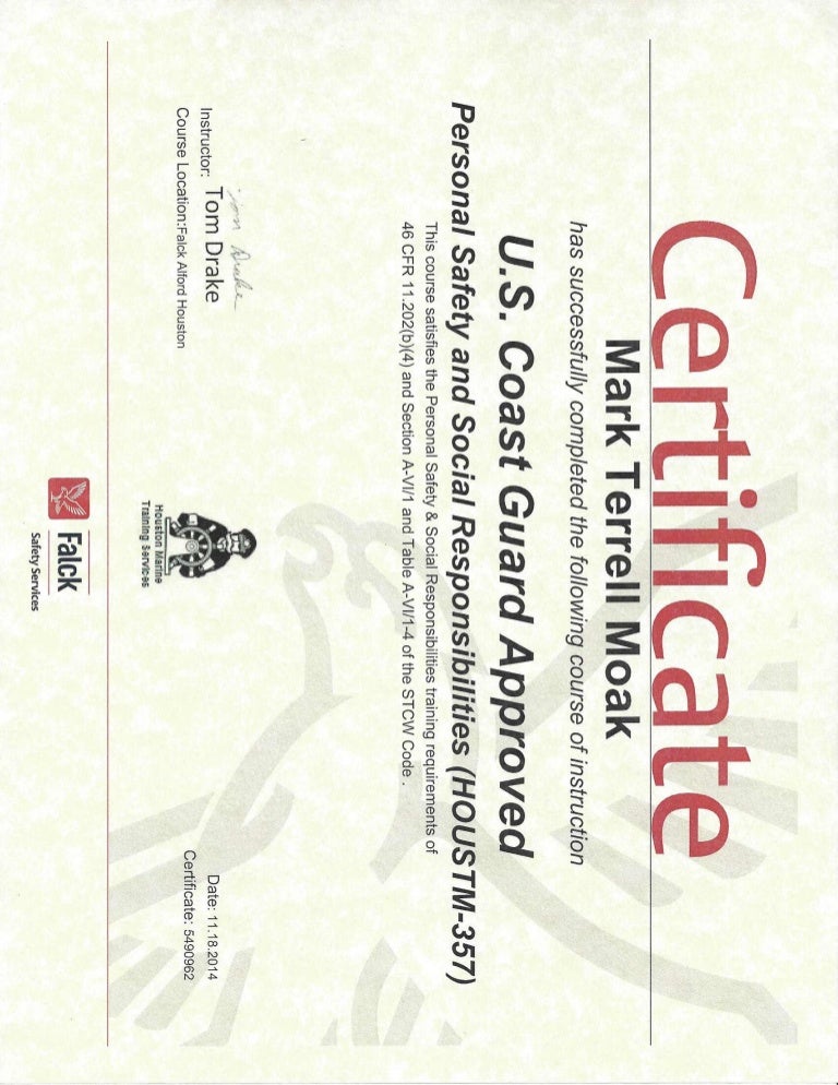 US Coast Guard Approved Personal Safety and Social Responsibilies