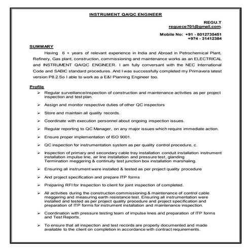 INSTRUMENT QA QC INSPECTOR