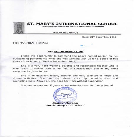 RECOMMENDATION LETTER ST MARYS INTERNATIONAL