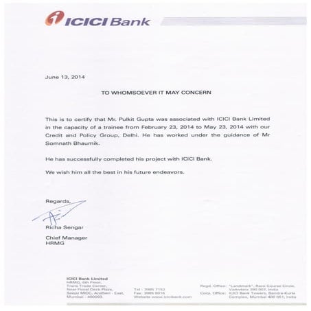 ICICI Bank summer Internship certificate 