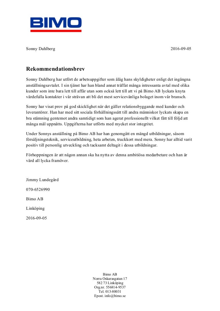 Rekommendationsbrev Sonny Dahlberg