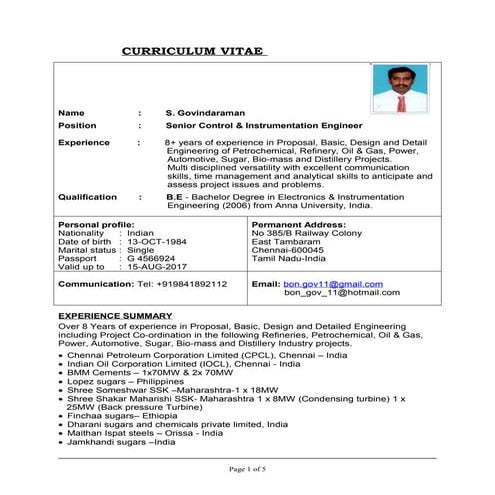 CV of Control and Instrumentation Engr