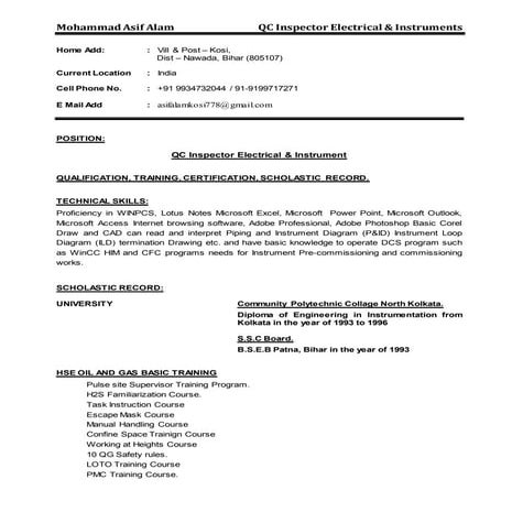 E&I inspector cv | DOC