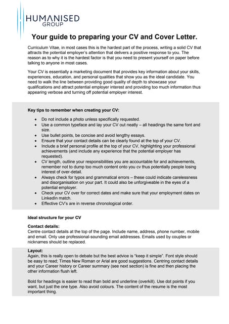 Guilde to preparing your CV and Cover Letter - Humanised