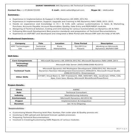 Saikat Banerjee MS Dynamics AX Technical Consultant