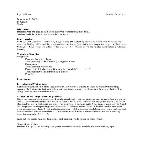 Student Teaching Cooperative Learning Group Lesson Plan (Math)