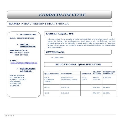 Nirav Shukla CV fresher in foreign trade