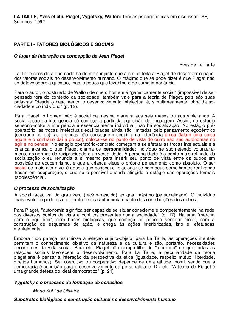 yves de la taille piaget vygotsky wallon