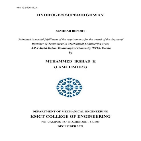 Hydrogen Super Highway - Seminar Report | PDF