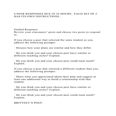 6 PEER RESPONSES DUE IN 24 HOURS.. EACH SET OF 2 HAS ITS OWN INSTRUC.docx