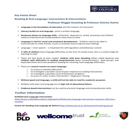 Reading and oral language: Connections and Interventions key points