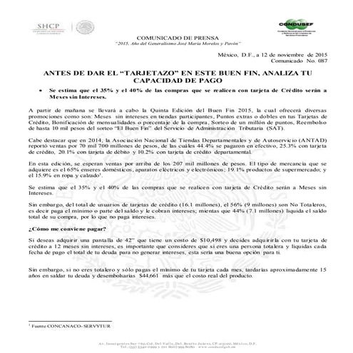 Comunicado 087 Condusef y SHCP Antes de dar el “tarjetazo” en este buen fin, ...