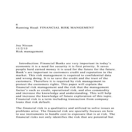 6Running Head FINANCIAL RISK MANGEMENT Joy Niss.docx