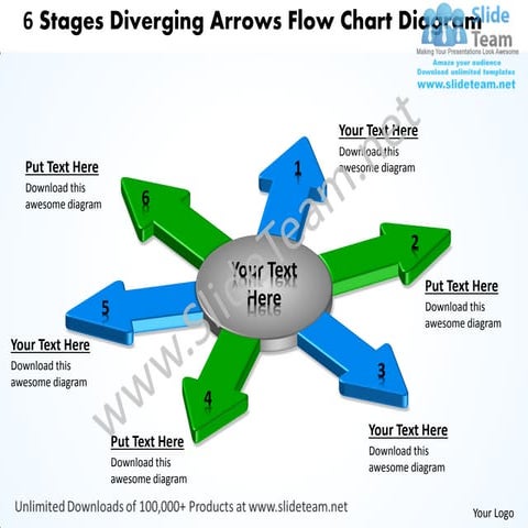 6 stages diverging arrows flow chart diagram circular layout power point slides