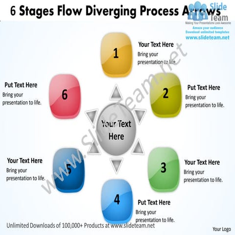 6 stages flow diverging process arrows circular layout diagram power point sl...