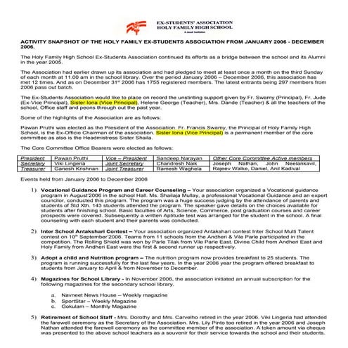 Holy Family Ex-Students Association - Annual Report January - December 2006