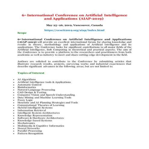 6th international conference on artificial intelligence and applications (aia...