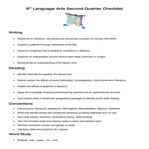 6th Language Arts Second Quarter Checklist
