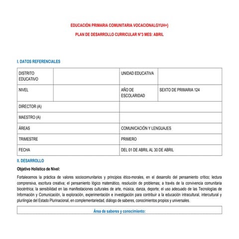 Plan de Desarrollo Curricular para Sexto de Primaria: Comunicación y ...