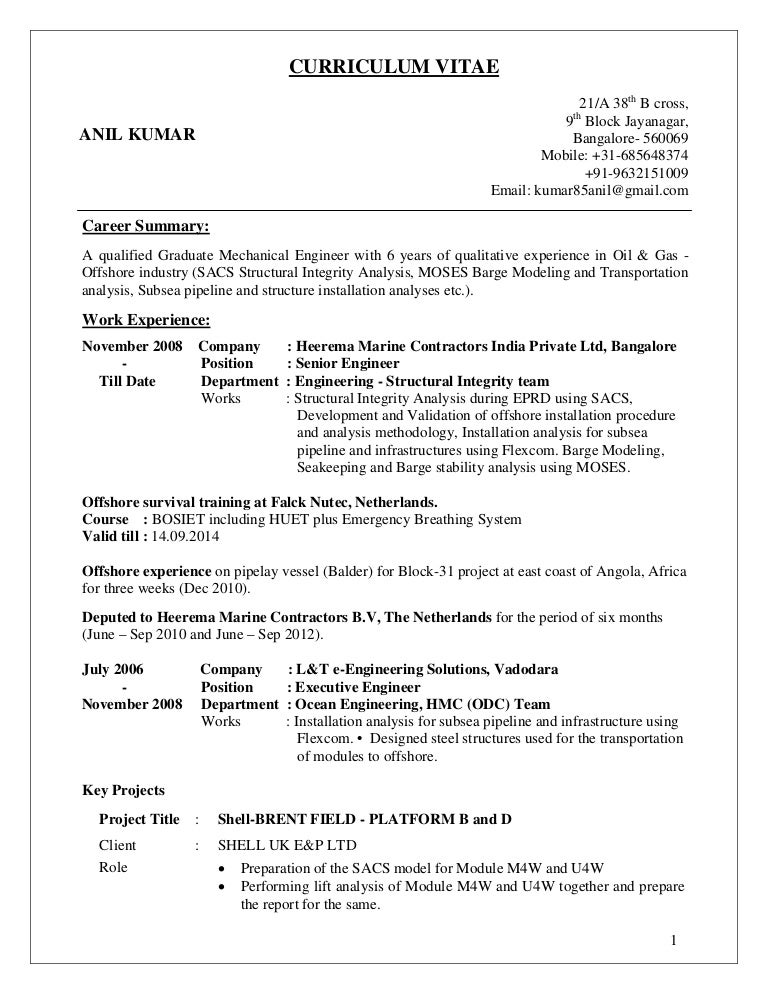 6 Yrs Exp Offshore Structure Subsea Pipelay Anil Kumar