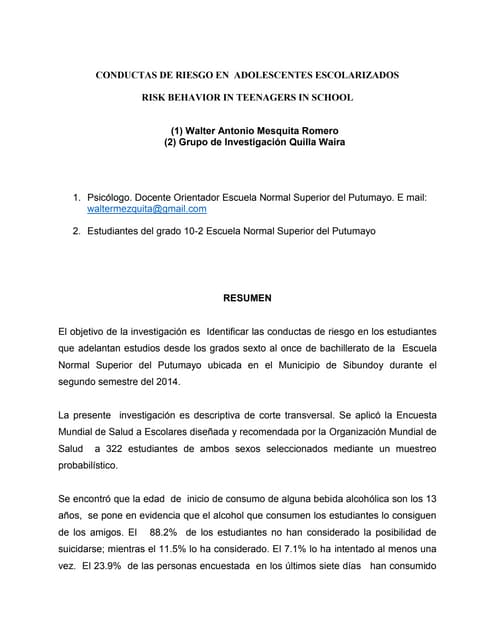 Quilla waira (Conductas de riesgo en adolescentes escolarizados)
