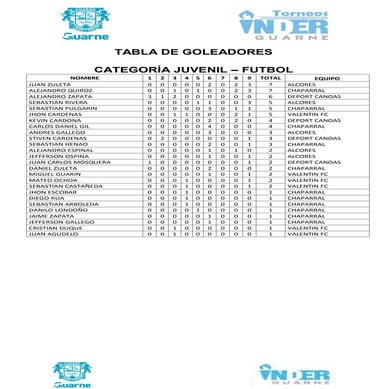 TABLA DE GOLEADORES FÚTBOL JUVENIL - JULIO 13 DE  2016
