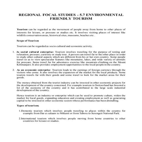 REGIONAL FOCAL STUDIES - 5.7 ENVIRONMENTAL FRIENDLY TOURISM