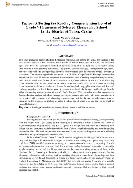 Factors Affecting the Reading Comprehension Level of Grade VI Learners of Sel...